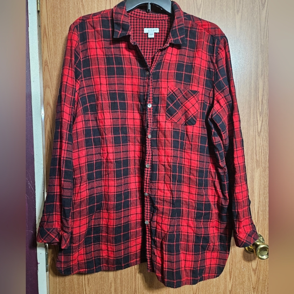 J. Jill Shirt Women Large Button Up Long Sleeve Red Buffalo Plaid Collar Cotton!